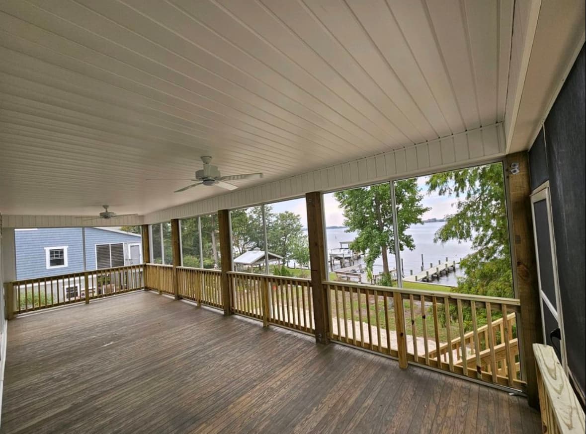 Waterfront screen porch with dock view coastal NC